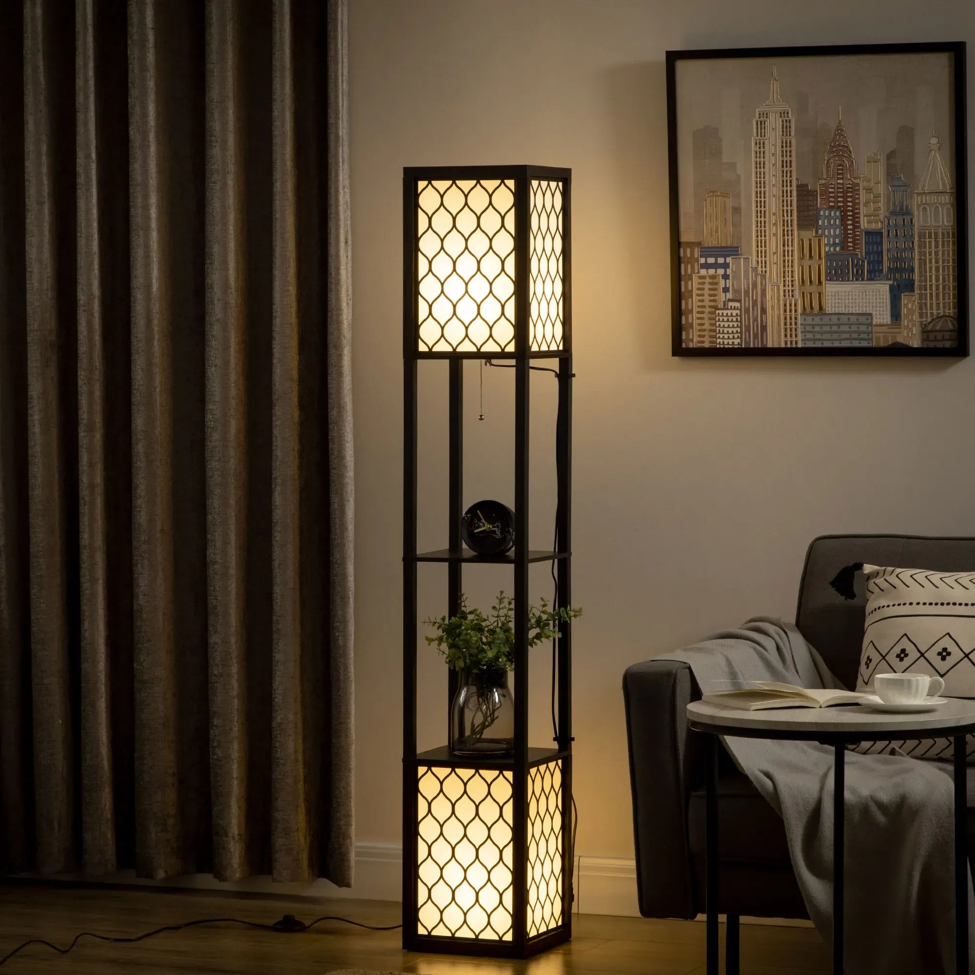 LampeHub spain HOMCOM wooden floor lamp with shelves cap E27 Max. 40W 26x26x156 cm