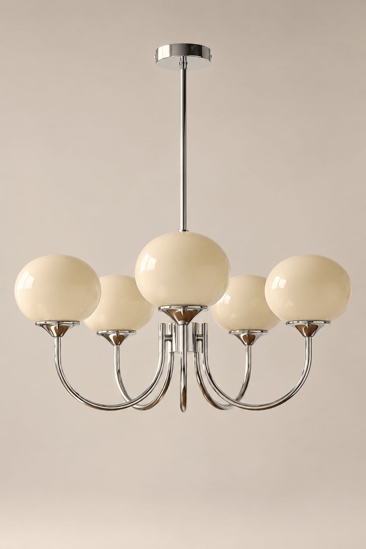 LampeHub Suspension Lustre 5 bras – argenté – crème / Blanc chaud Lustre Bauhaus Globes Rose – Bras Dorés