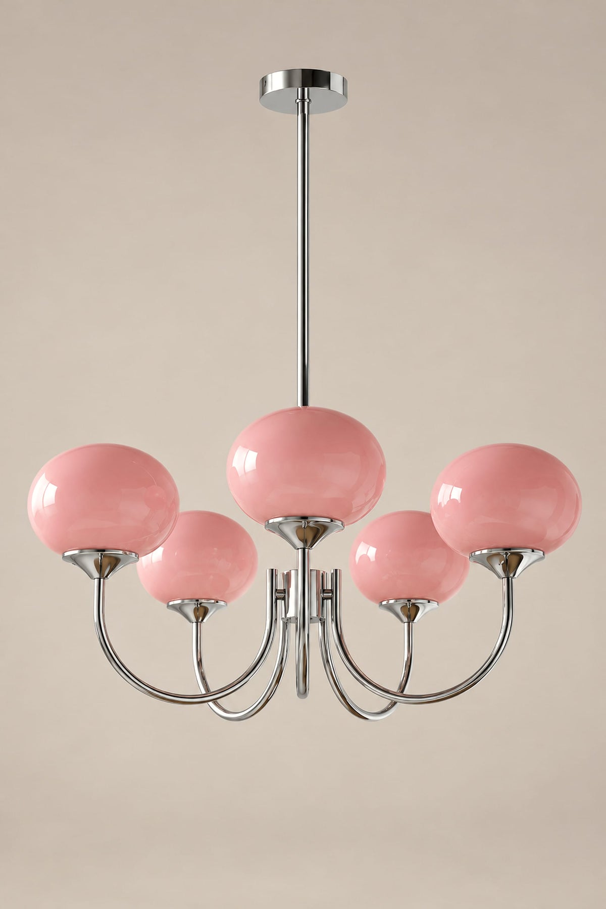 LampeHub Suspension Lustre 5 bras – argenté – rose / Blanc chaud Lustre Bauhaus Globes Rose – Bras Dorés