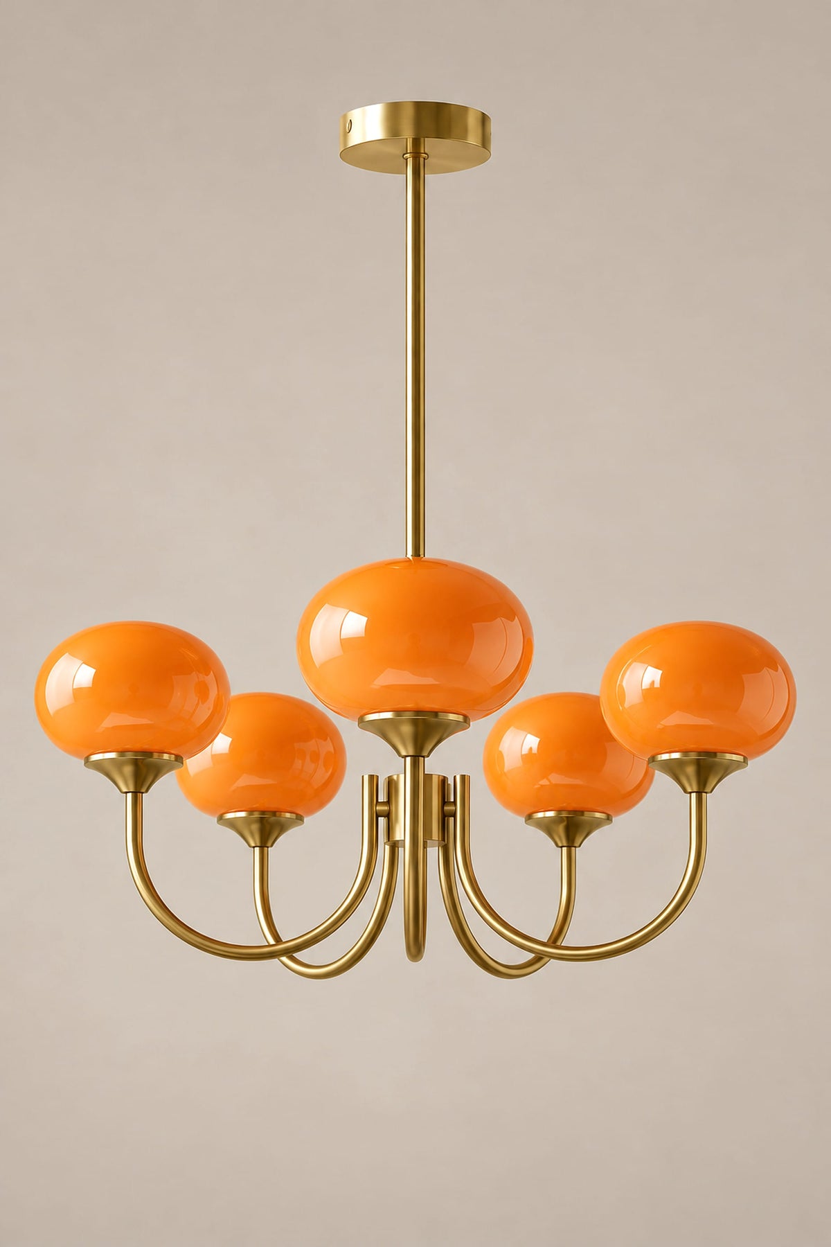 LampeHub Suspension Lustre 5 bras – doré – orange / Blanc chaud Lustre Bauhaus Globes Rose – Bras Dorés