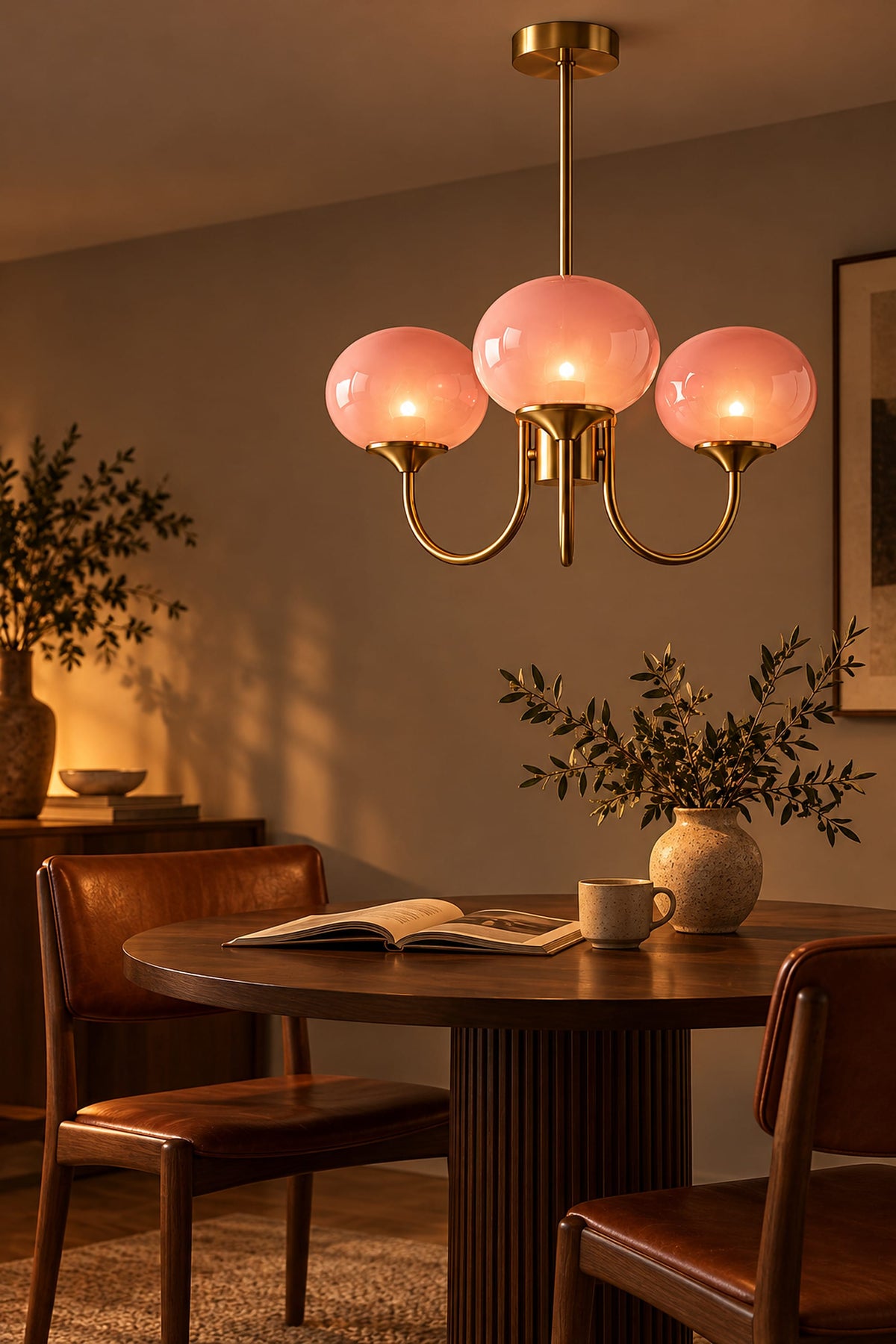 LampeHub Suspension Lustre Bauhaus Globes Rose – Bras Dorés