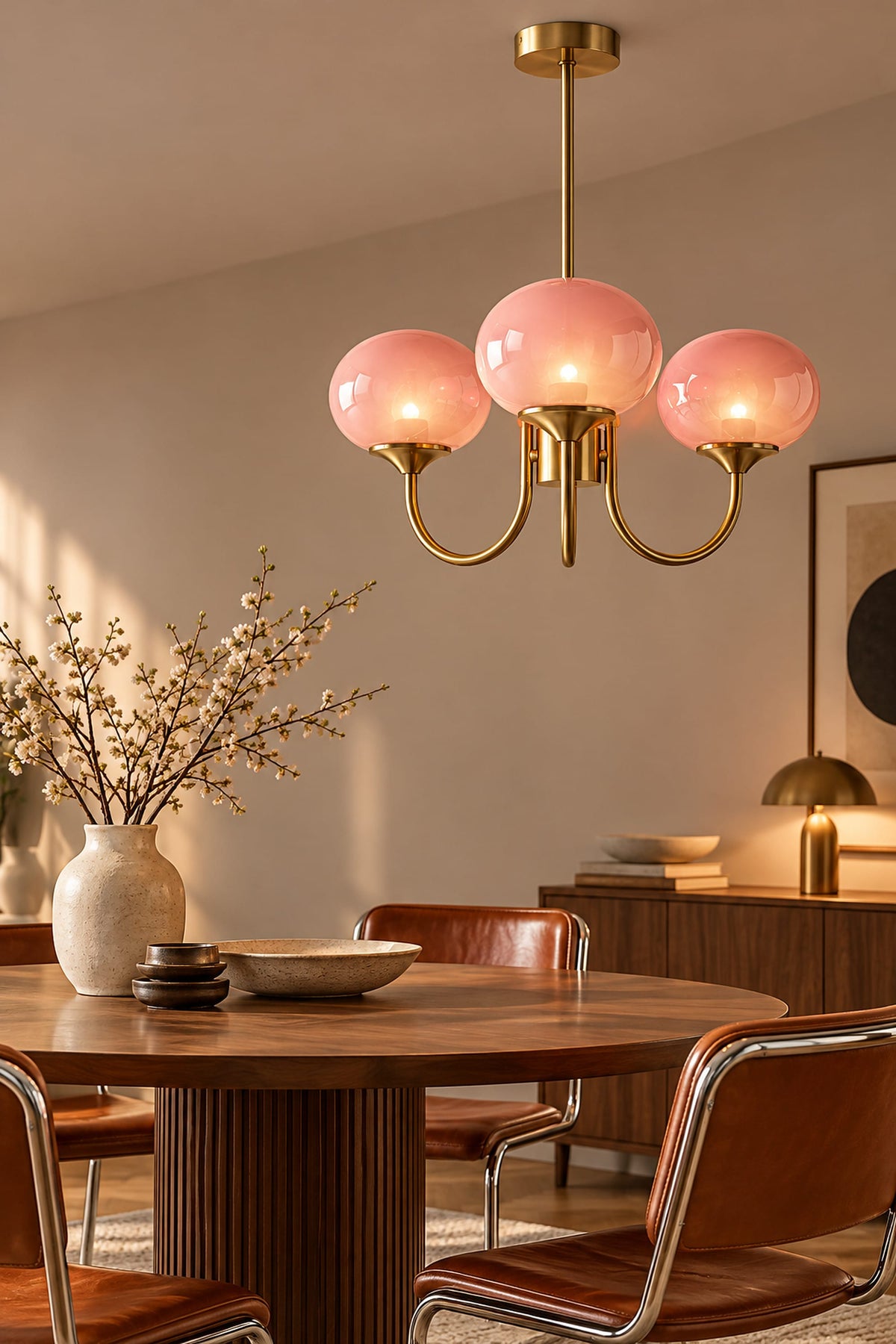 LampeHub Suspension Lustre Bauhaus Globes Rose – Bras Dorés