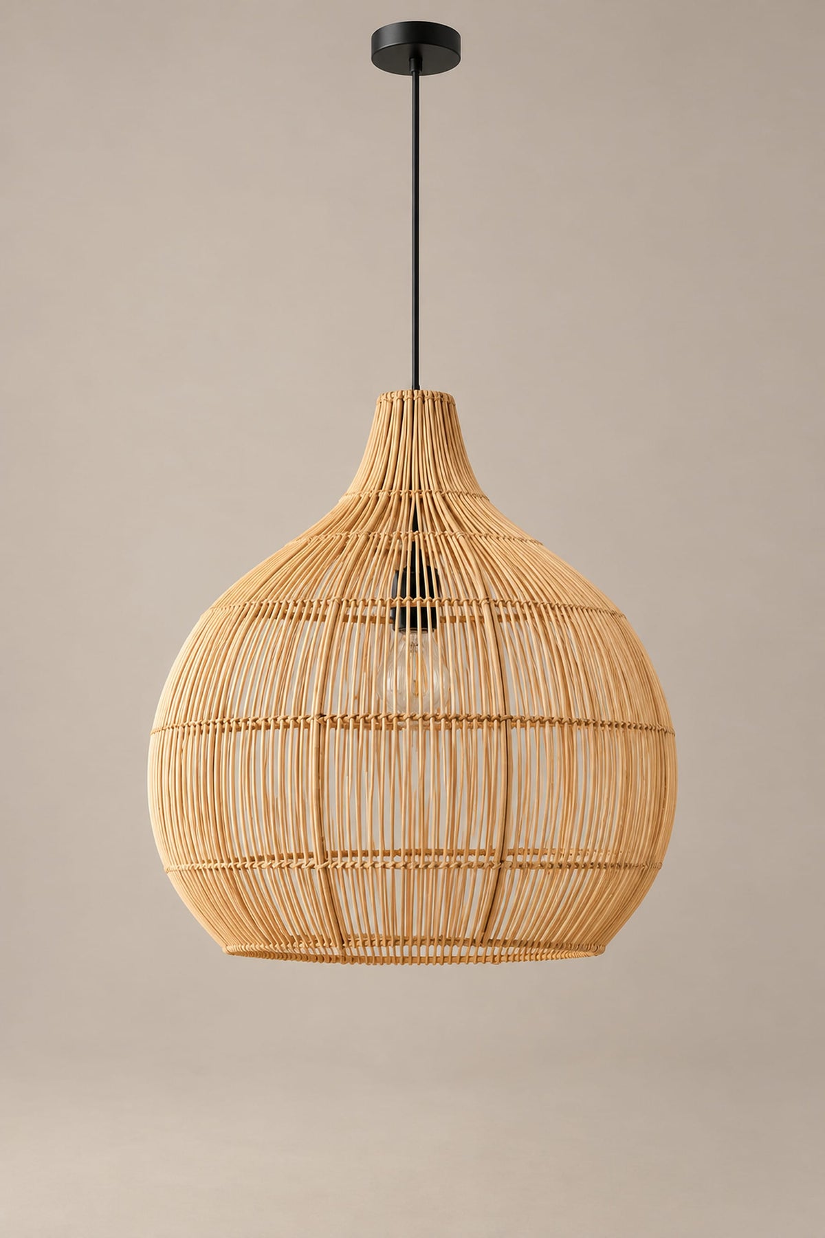 LampeHub Suspension Naturel / Ø50 cm / Noir Grande Suspension Rotin Gourde – Tressée à la Main