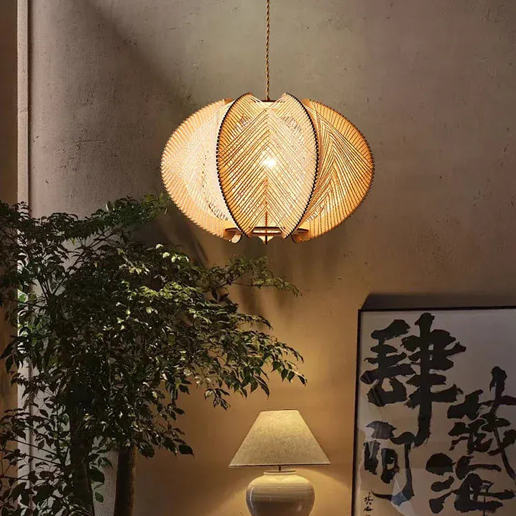 LampeHub Wabi Sabi Pendant Lights Hemp Rope Wood Chandelier Living Room Bedroom Hanging Lamps For Ceiling Room Decor Lustre