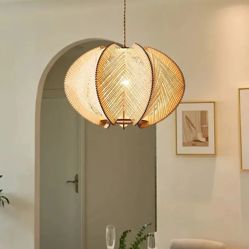 LampeHub Wabi Sabi Pendant Lights Hemp Rope Wood Chandelier Living Room Bedroom Hanging Lamps For Ceiling Room Decor Lustre