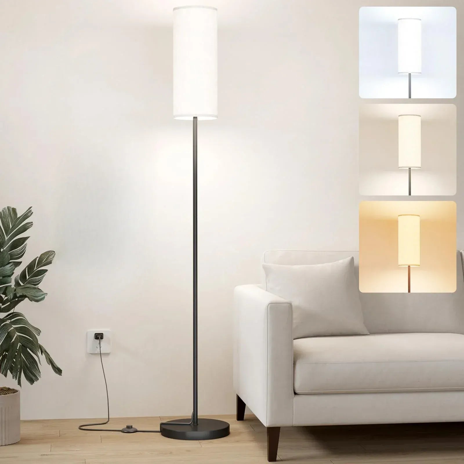LampeHub WHITE / black Modern Living Room Floor Lamp, Dimmable with 9W LED Bulb, 165 cm High 3 Colour Temperatures and Foot Switch, Reading Lamp