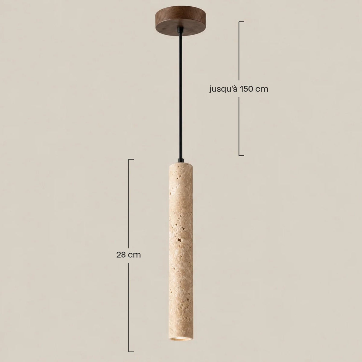 Dimensions – Suspension de Chevet en Travertin – Tube LED